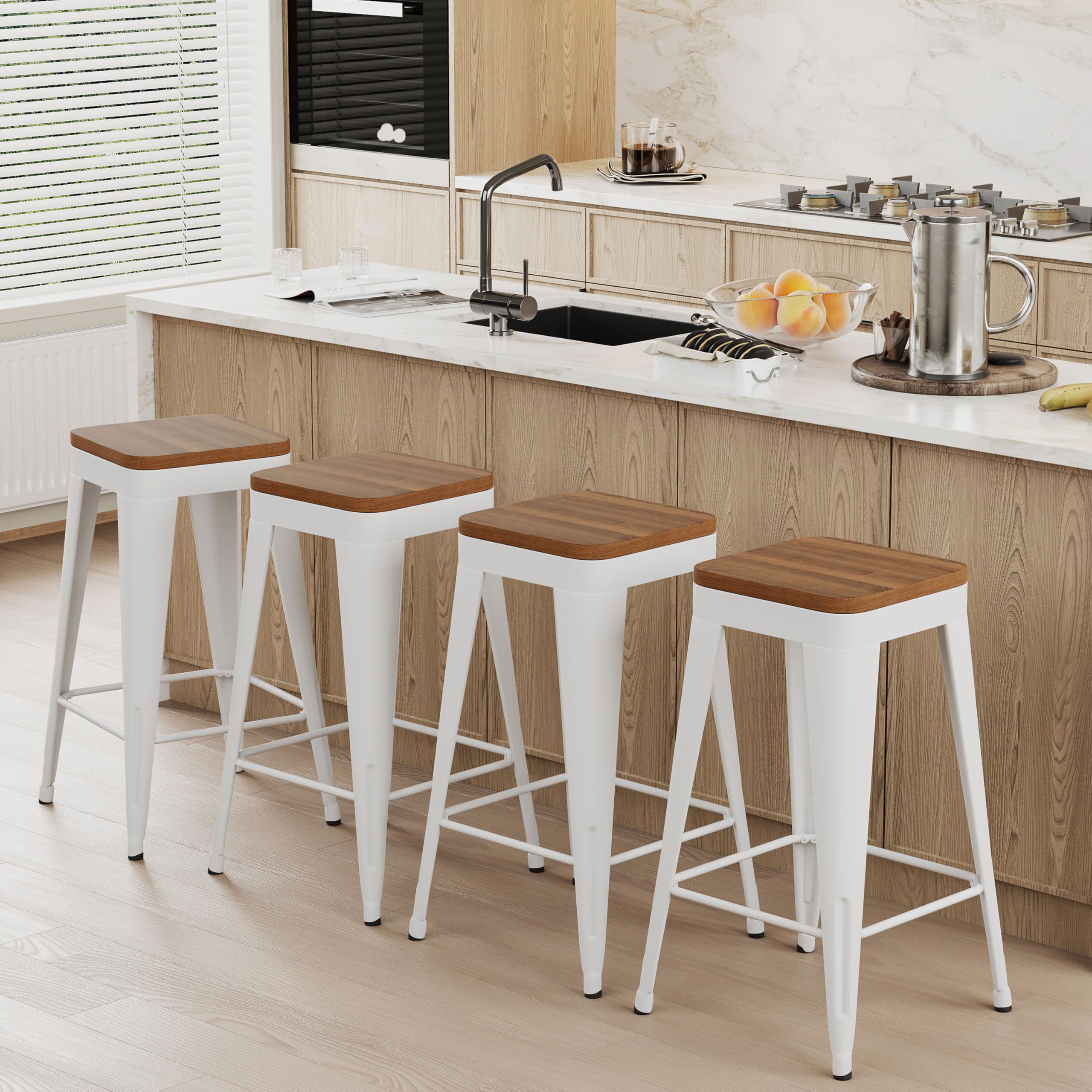 Bar Stools Set of 4 Metal Bar Stool Counter Height Bar Stools Black, Modern 24" Bar Chairs Without Back,Wooden Seat Bar Stool Counter Height