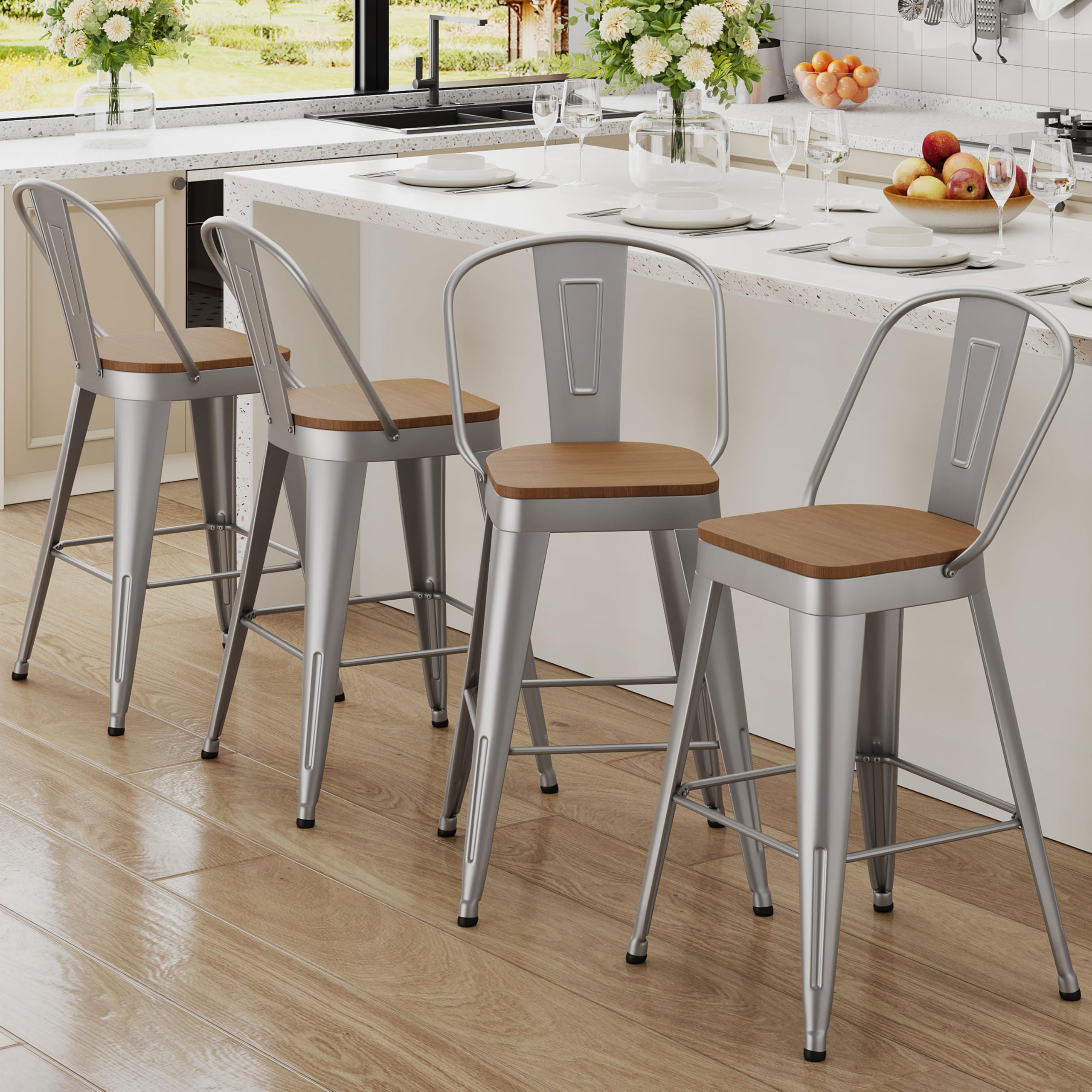 Andeworld Metal Bar Stools Set of 4, 24 inch Counter Height Barstools with Backs Farmhouse Modern High Back Bar Stools with Larger Seat Kitchen Dining Bar Chairs,Matte Black