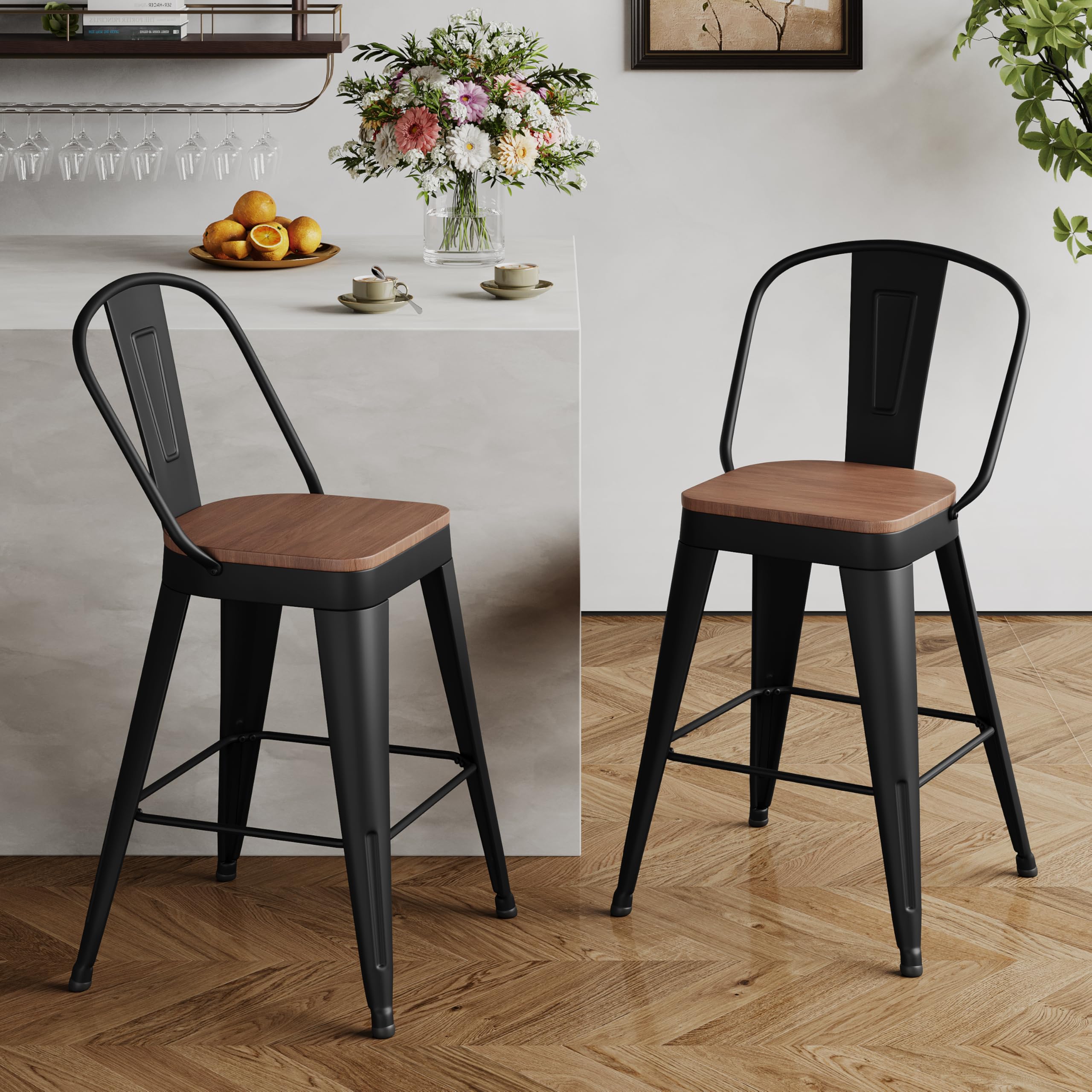 Andeworld Metal Bar Stools Set of 4, 24 inch Counter Height Barstools with Backs Farmhouse Modern High Back Bar Stools with Larger Seat Kitchen Dining Bar Chairs,Matte Black