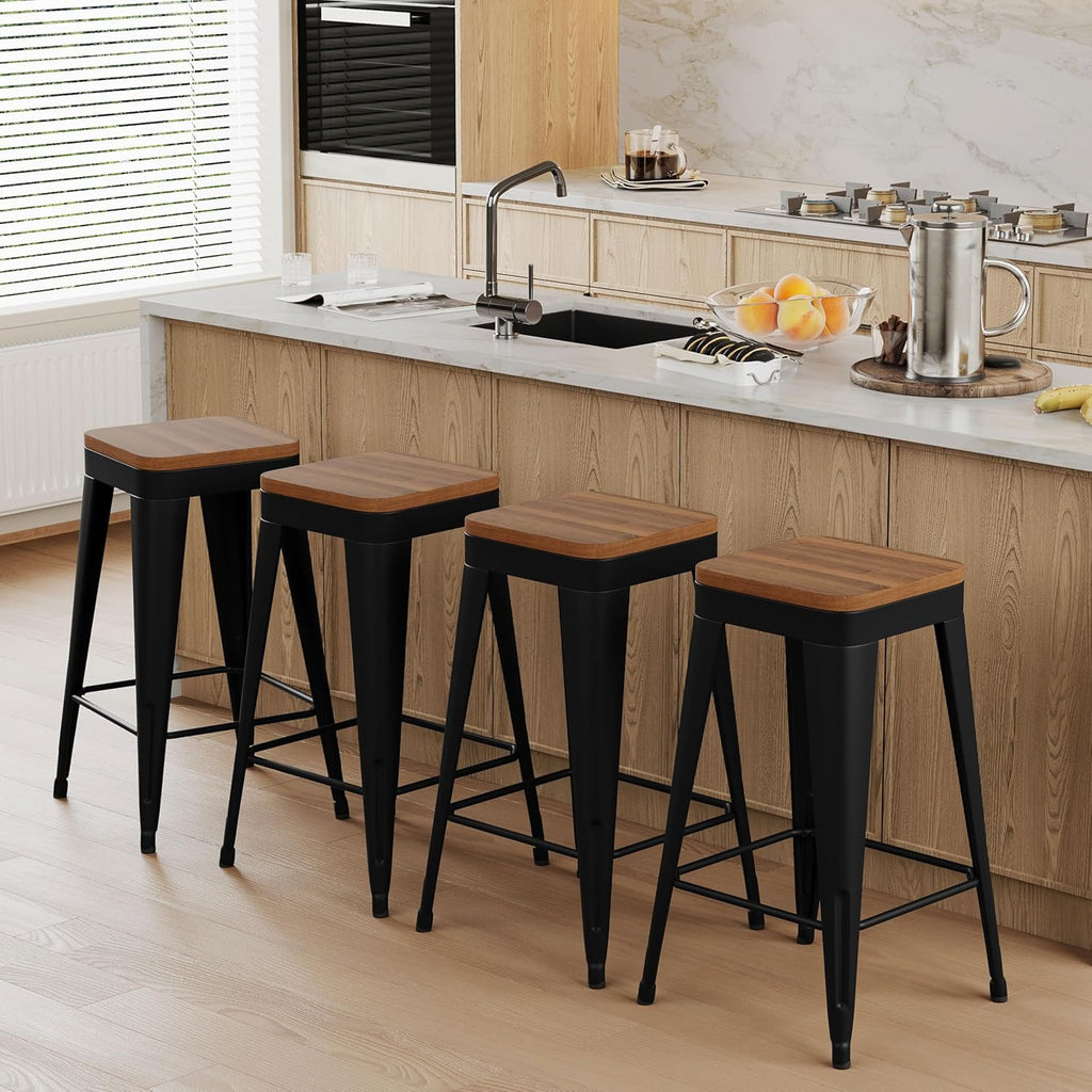 Bar Stools Set of 4 Metal Bar Stool Counter Height Bar Stools Black, Modern 24" Bar Chairs Without Back,Wooden Seat Bar Stool Counter Height
