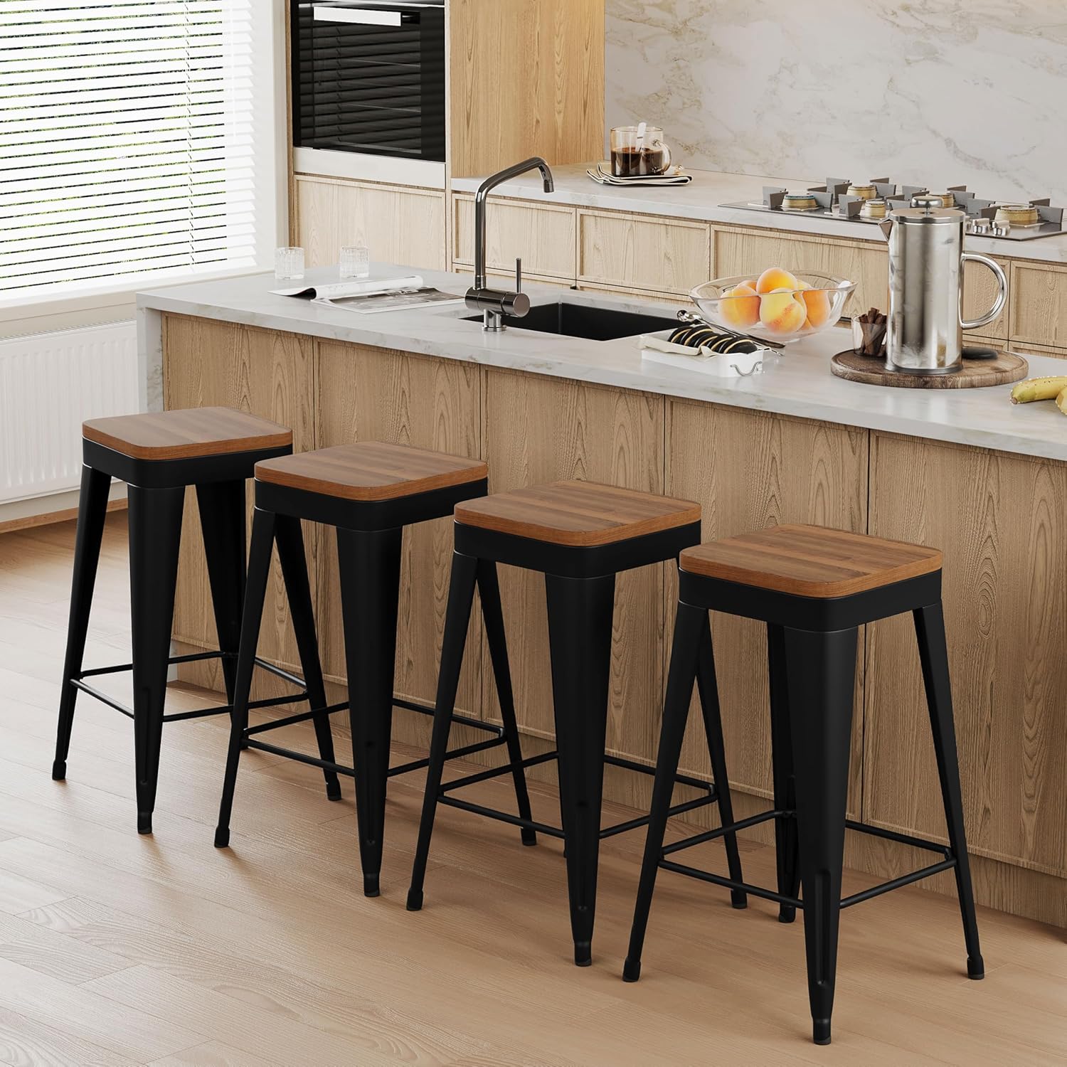 Bar Stools Set of 4 Metal Bar Stool Counter Height Bar Stools Black, Modern 24" Bar Chairs Without Back,Wooden Seat Bar Stool Counter Height