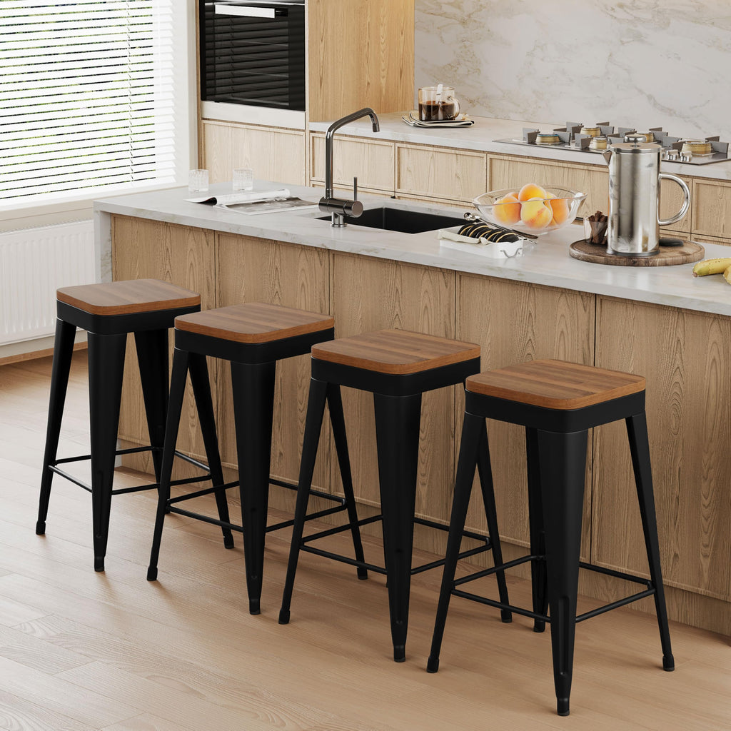 Bar Stools Set of 4 Metal Bar Stool Counter Height Bar Stools Black, Modern 24" Bar Chairs Without Back,Wooden Seat Bar Stool Counter Height