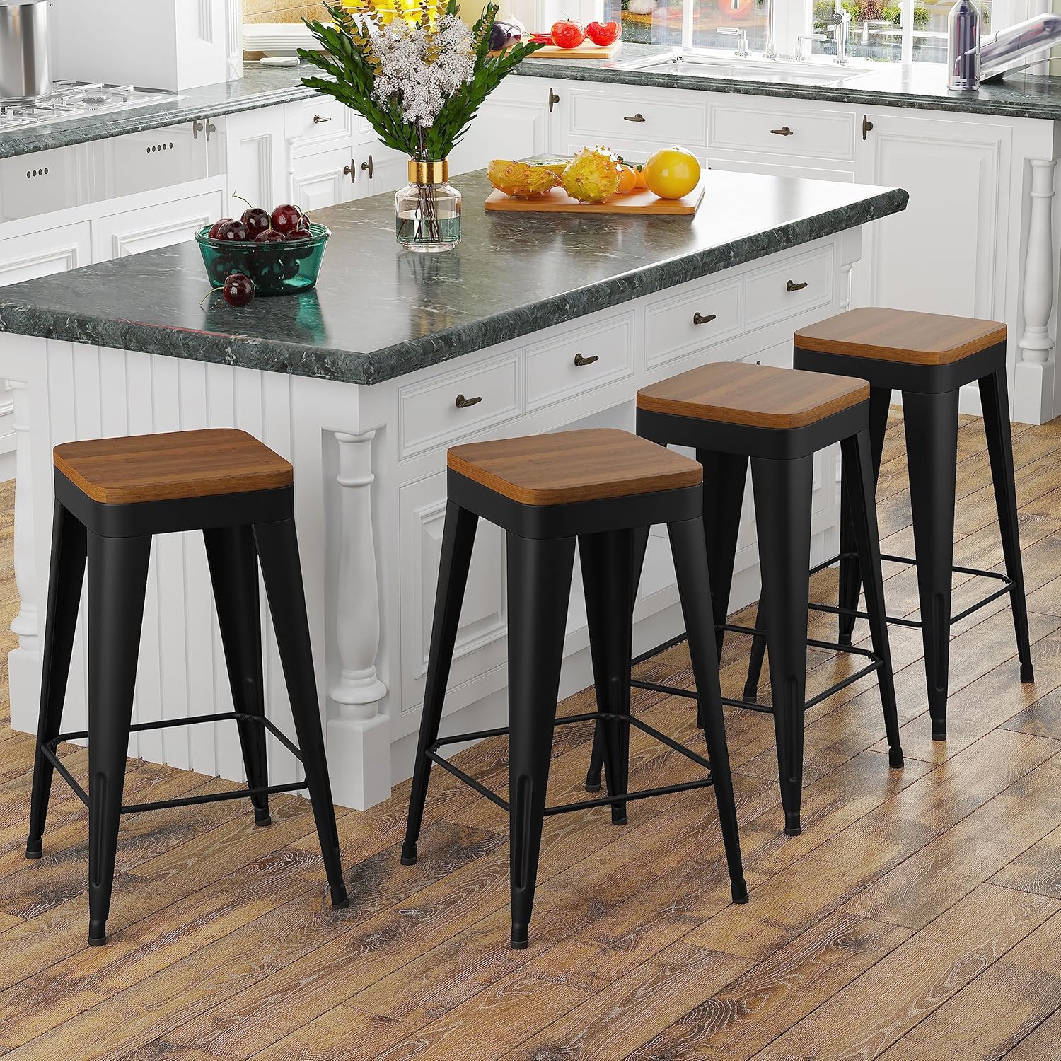 Bar Stools Set of 4 Metal Bar Stool Counter Height Bar Stools Black, Modern 24" Bar Chairs Without Back,Wooden Seat Bar Stool Counter Height