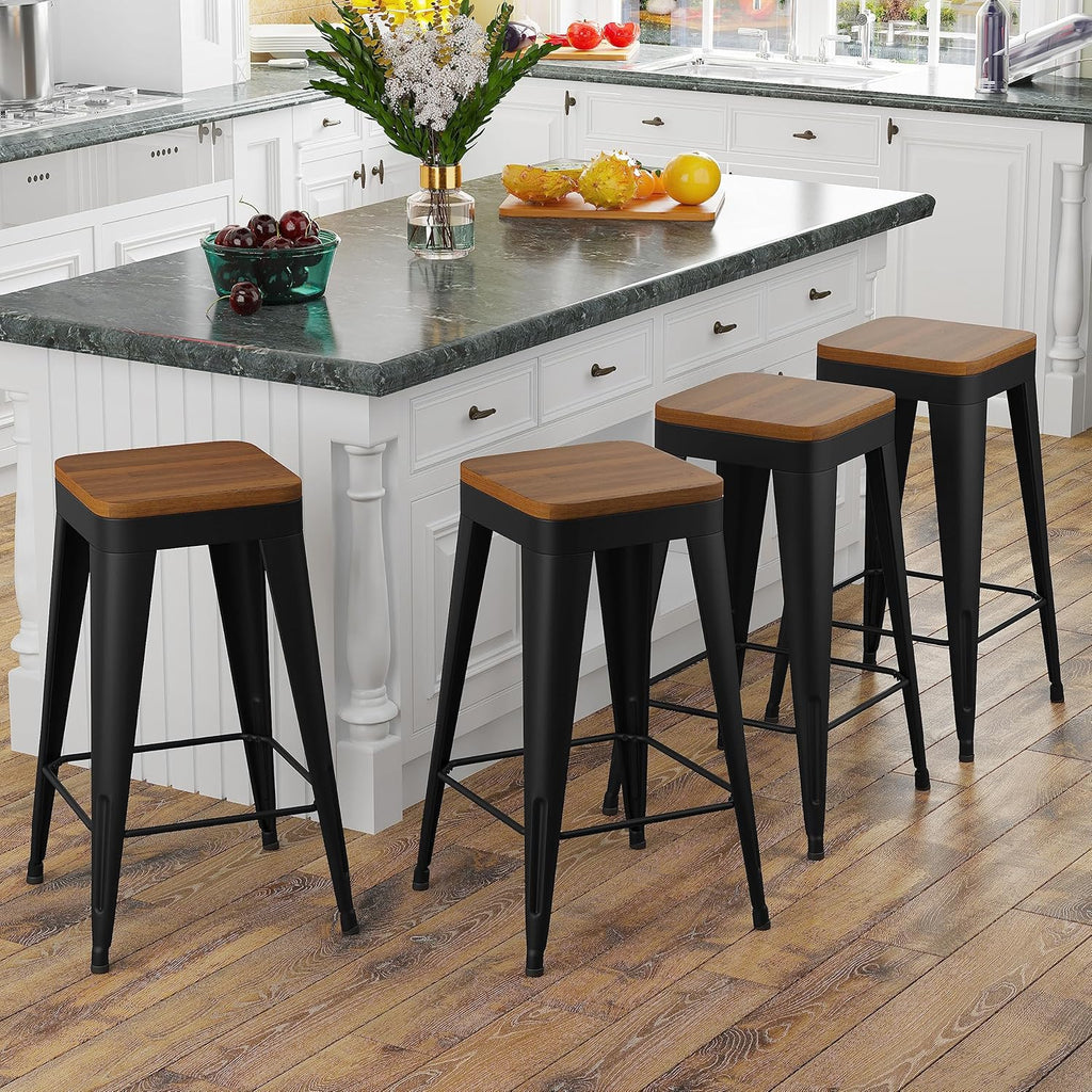 Bar Stools Set of 4 Metal Bar Stool Counter Height Bar Stools Black, Modern 24" Bar Chairs Without Back,Wooden Seat Bar Stool Counter Height