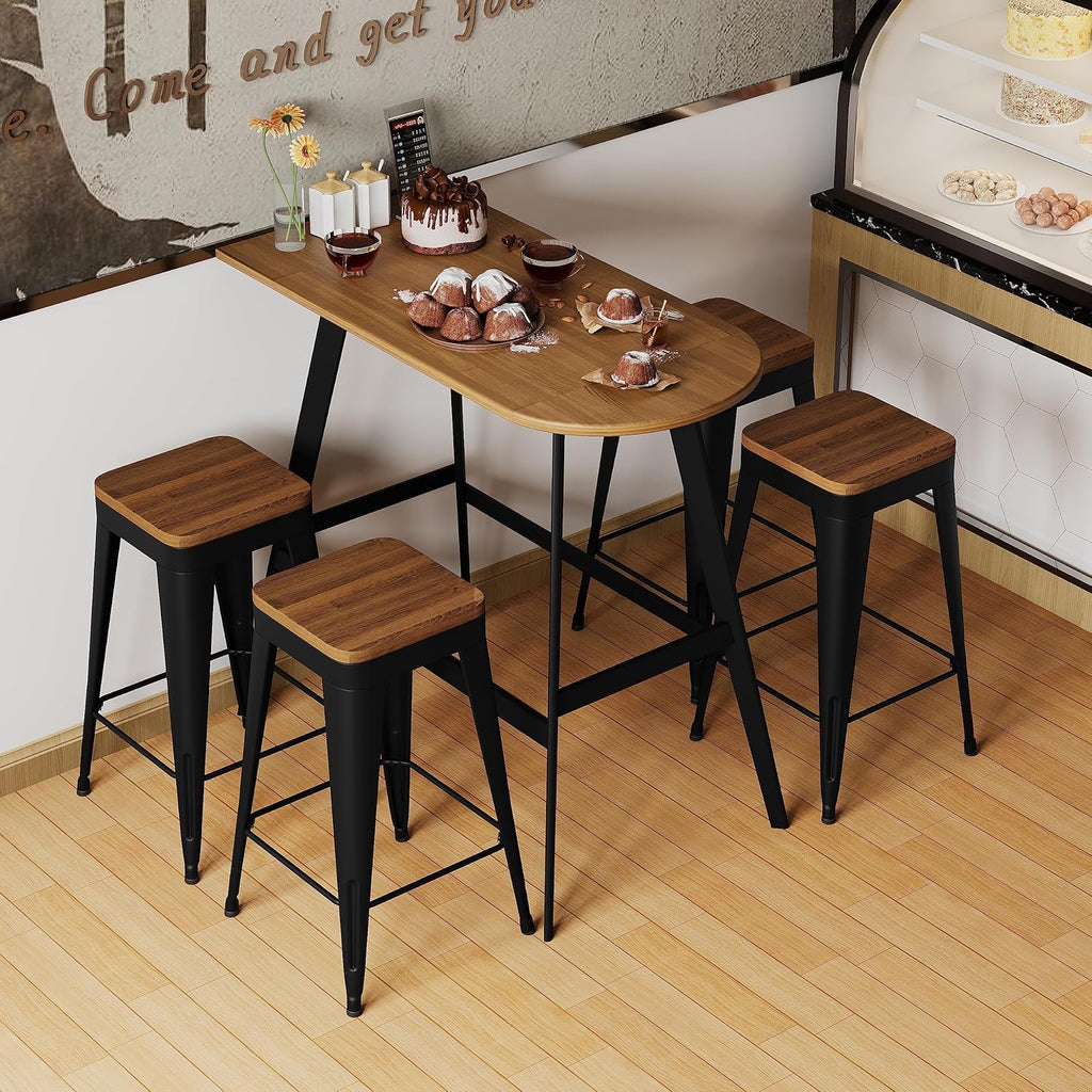 Bar Stools Set of 4 Metal Bar Stool Counter Height Bar Stools Black, Modern 24" Bar Chairs Without Back,Wooden Seat Bar Stool Counter Height