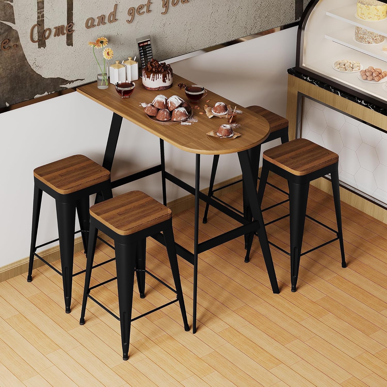Bar Stools Set of 4 Metal Bar Stool Counter Height Bar Stools Black, Modern 24" Bar Chairs Without Back,Wooden Seat Bar Stool Counter Height